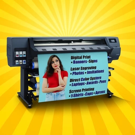 Large format printer displaying a promotional banner with a woman and printing services text on bright yellow background